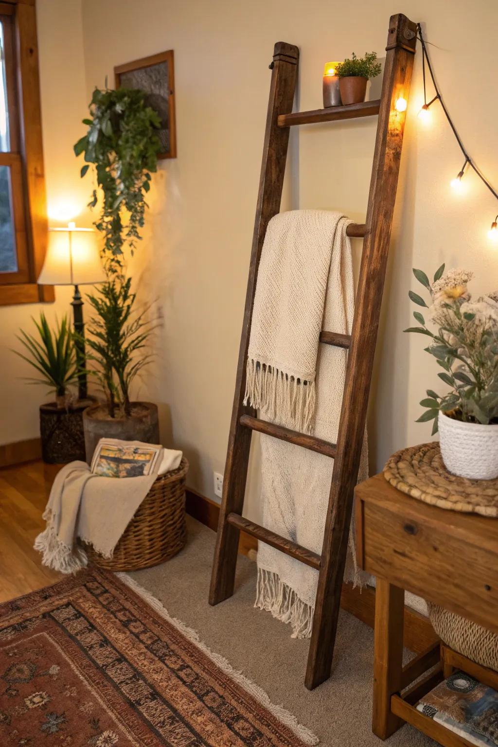 An old ladder cleverly repurposed as a charming blanket holder.
