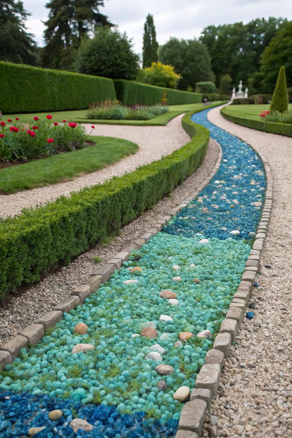 Vibrant gravel adding a splash of color to a French drain in a garden path.