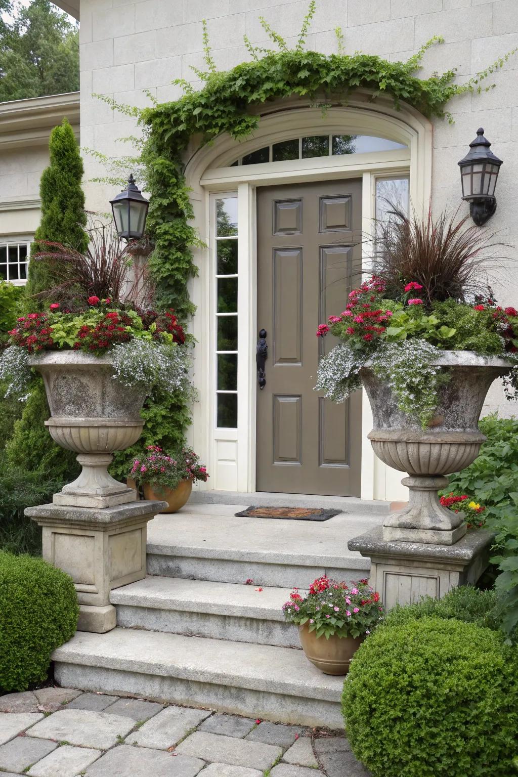 Create a dramatic statement by using tiered urn arrangements.