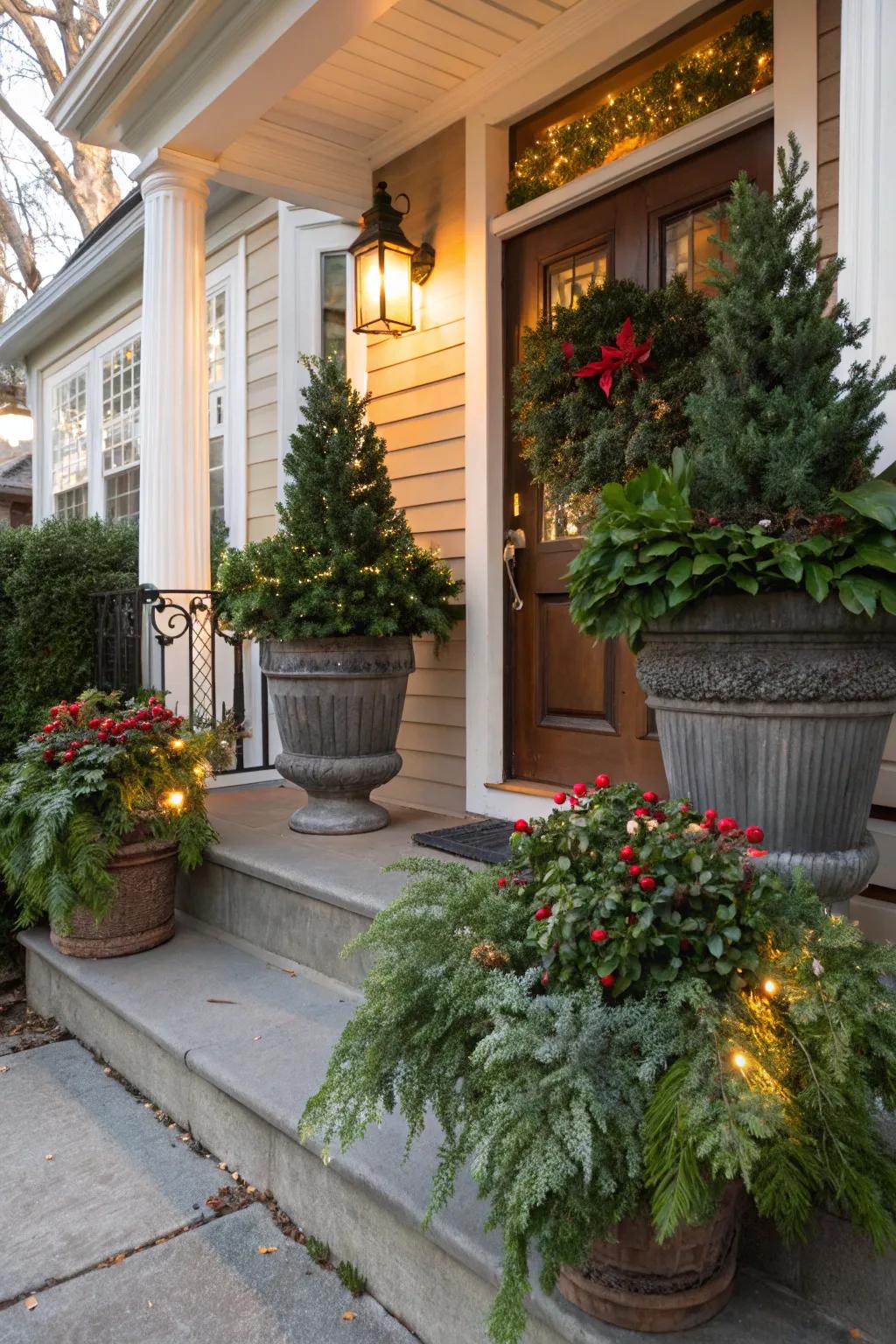 Potted flora showcasing winter greenery contributes freshness to your veranda.