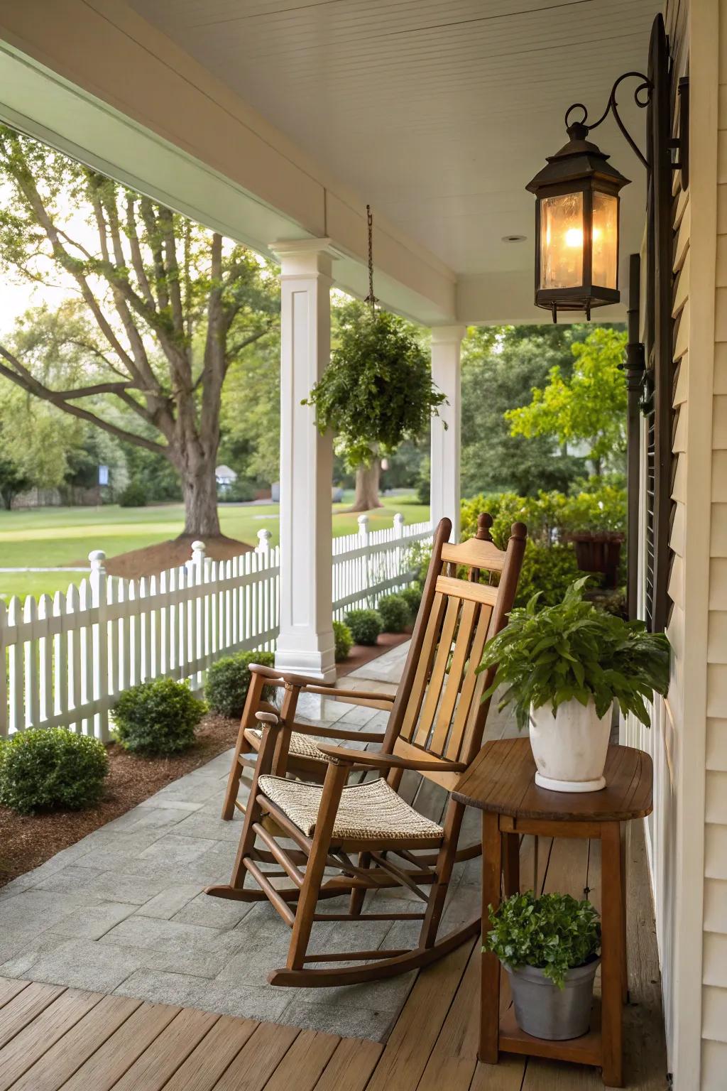 Classic timber lounging chairs on a front porch.