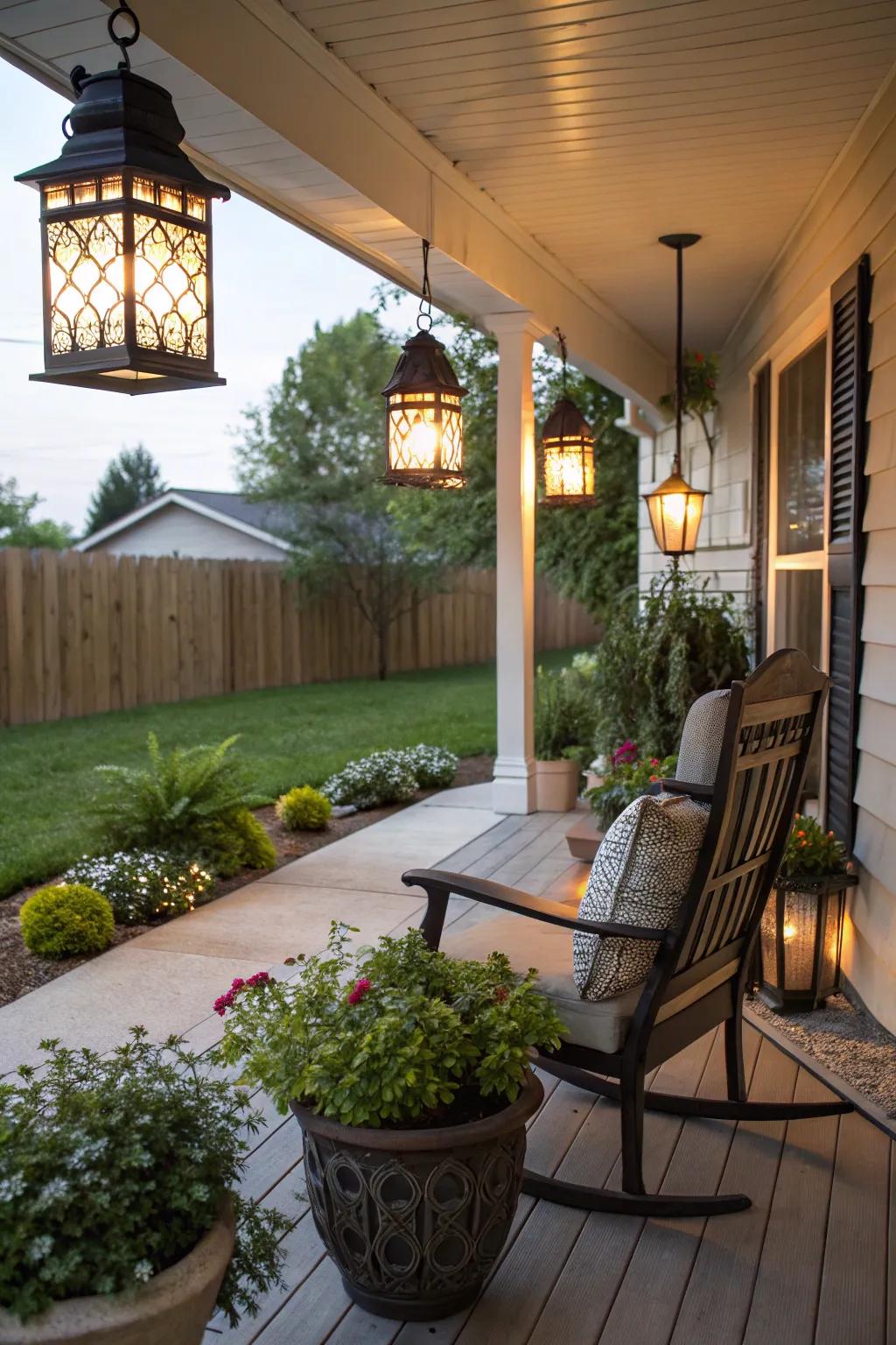 Garden lamps offer ambient lighting and privacy on a cozy porch.