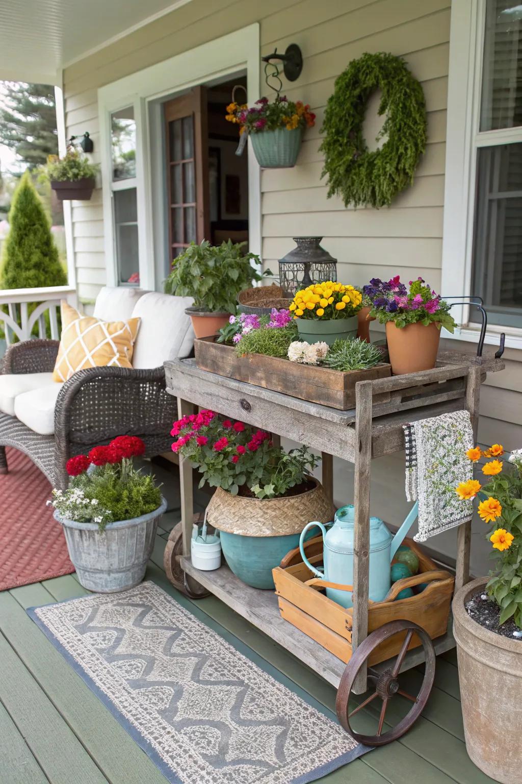 A garden cart table brings an eccentric, functional appeal to your veranda.