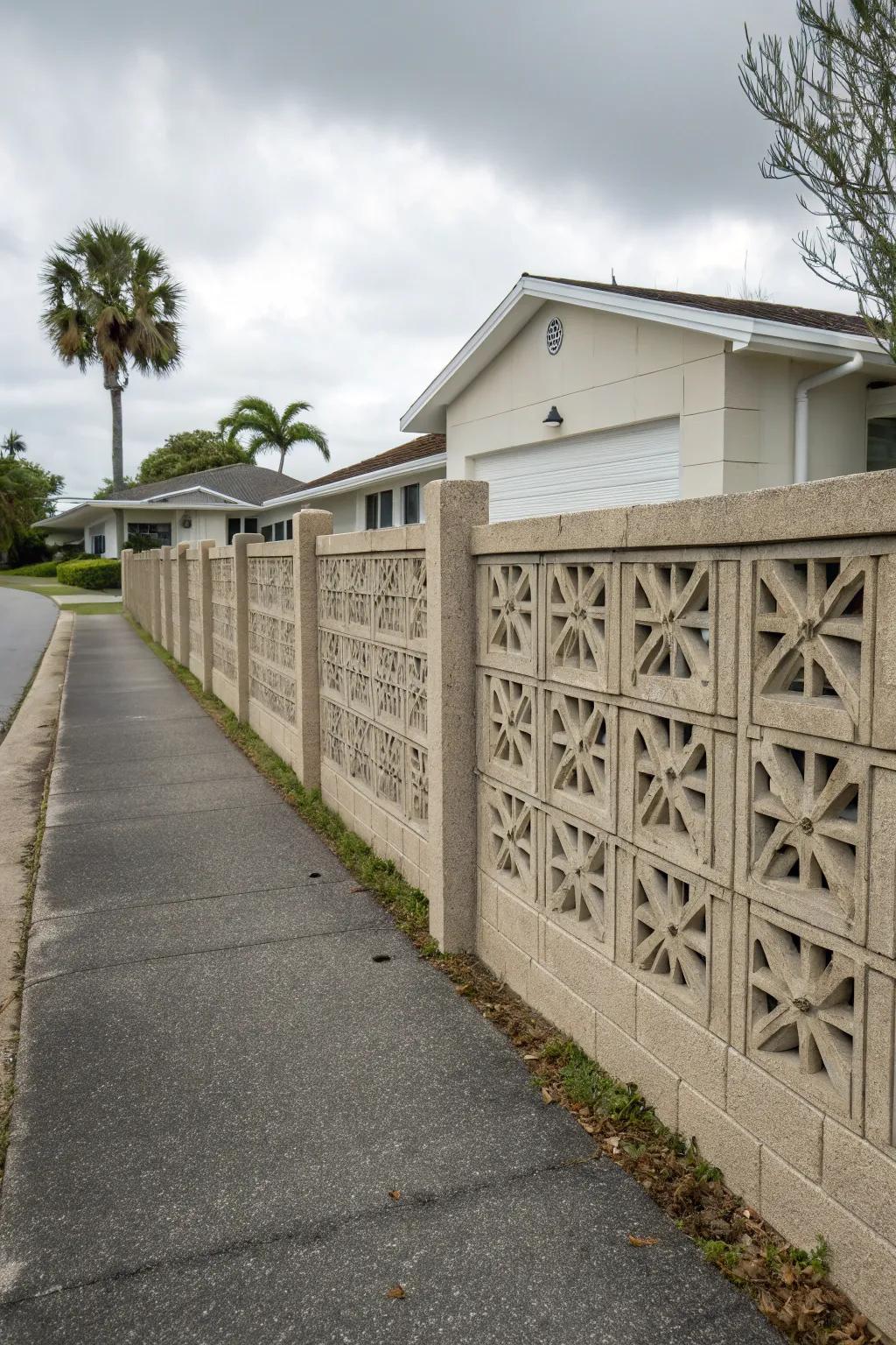 A concrete block fence featuring unique designs adds texture and character to the driveway.