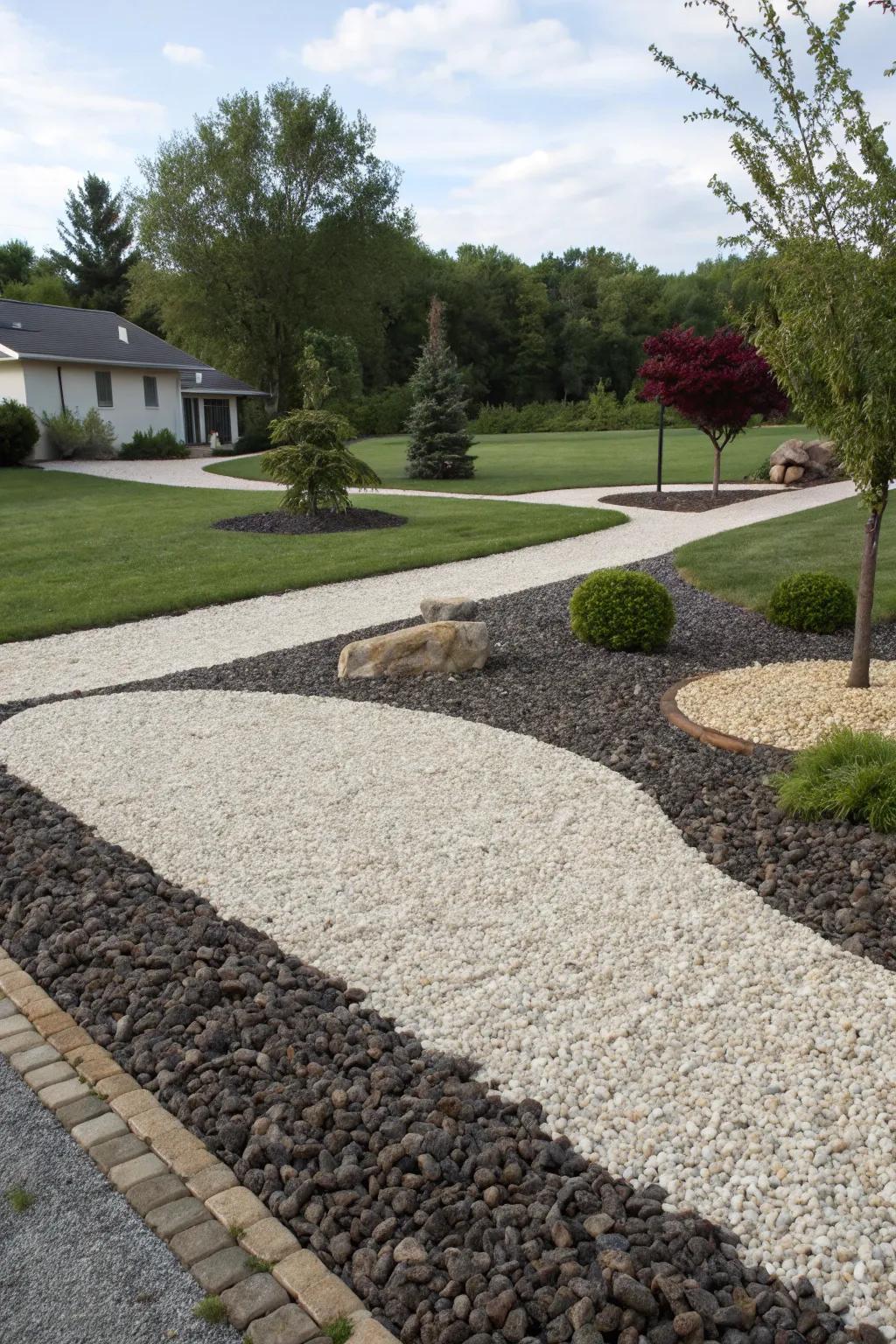Contrasting gravel pigments cultivate a visually dynamic landscape.