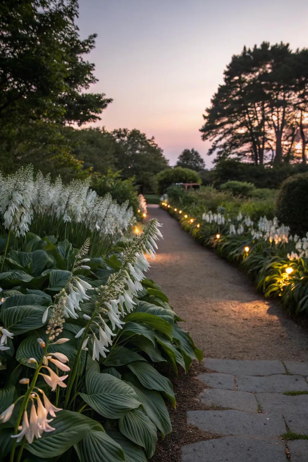 Pale hostas brighten paths with a magical glow.