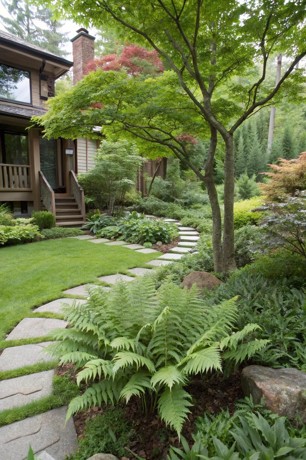 The Japanese maple's elegant form is complemented by ferns, which add lush texture.