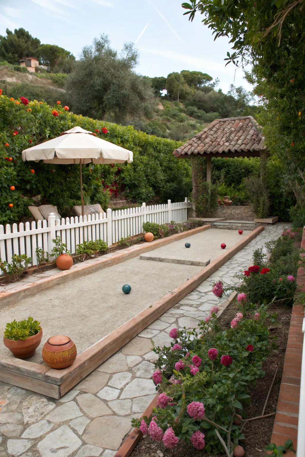 A bocce zone enriches this garden setting with a spirited and social element.