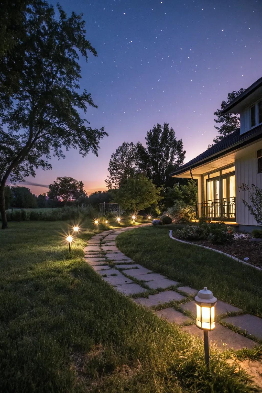 Elegant lighting transforms the garden at night.