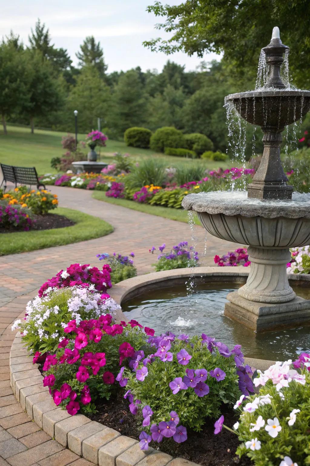 Forge a calm botanical haven pairing petunias by a waterfall feature.