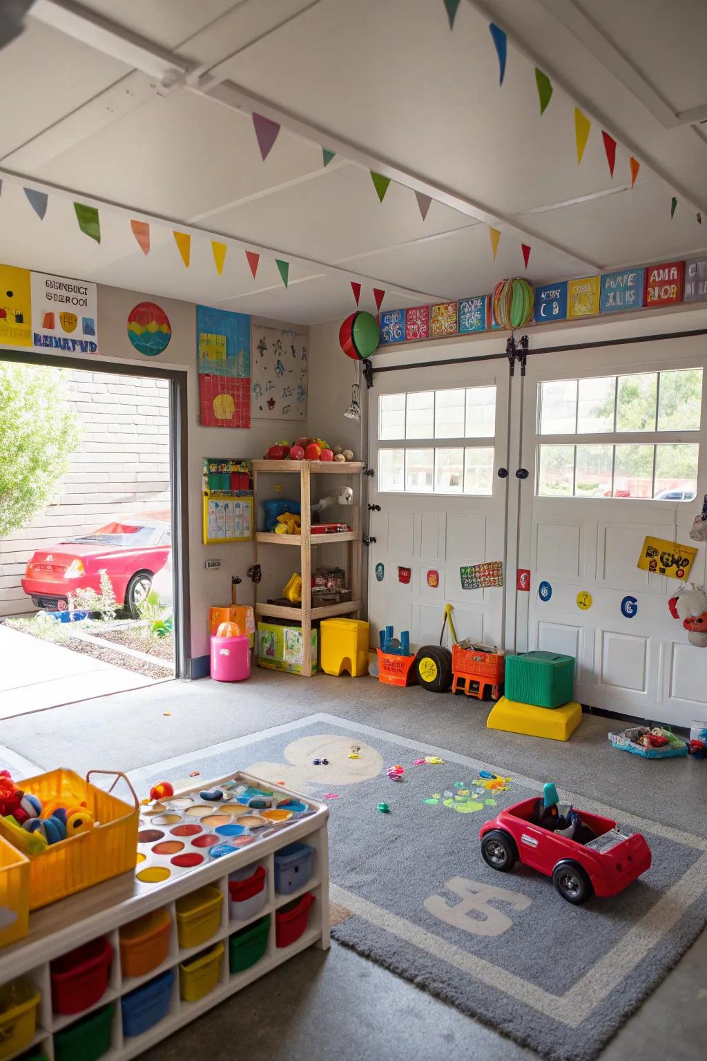 A fun and safe area for kids to play in the garage.