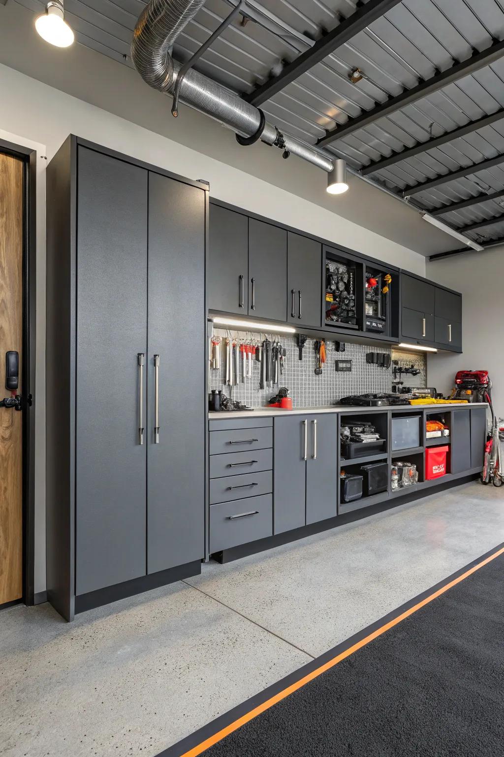 Carbon gray cabinets deliver an industrial chic look.