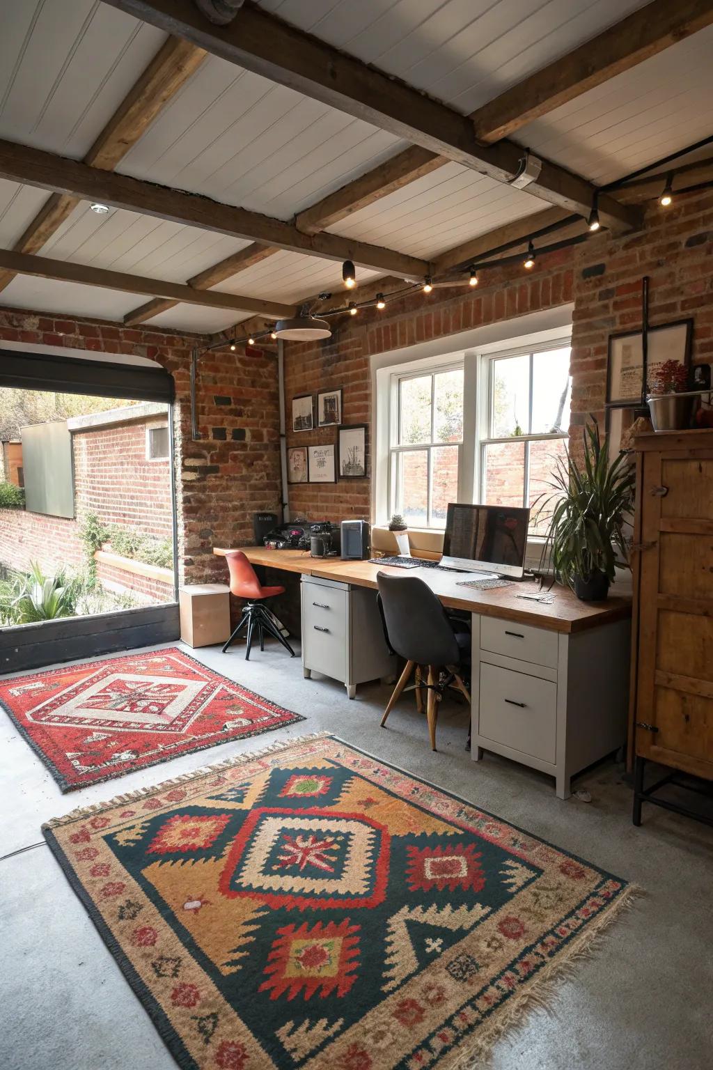 Rugs add warmth and definition to your garage office space.