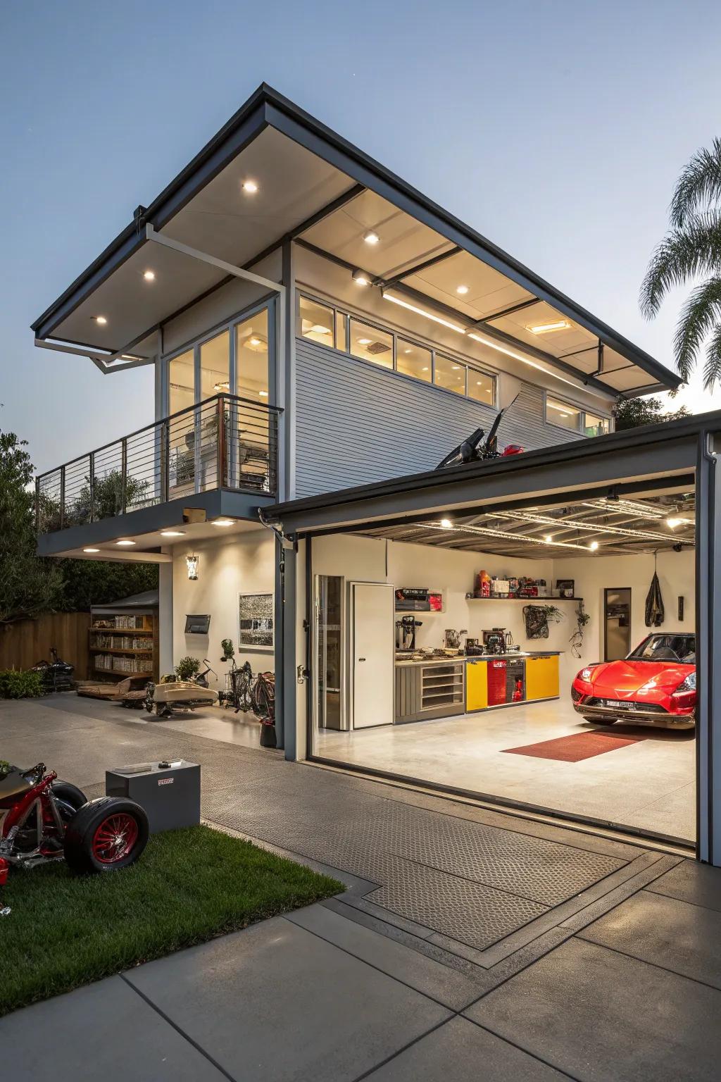 A dynamic multi-tier roof extension furnishes creative space utilization.