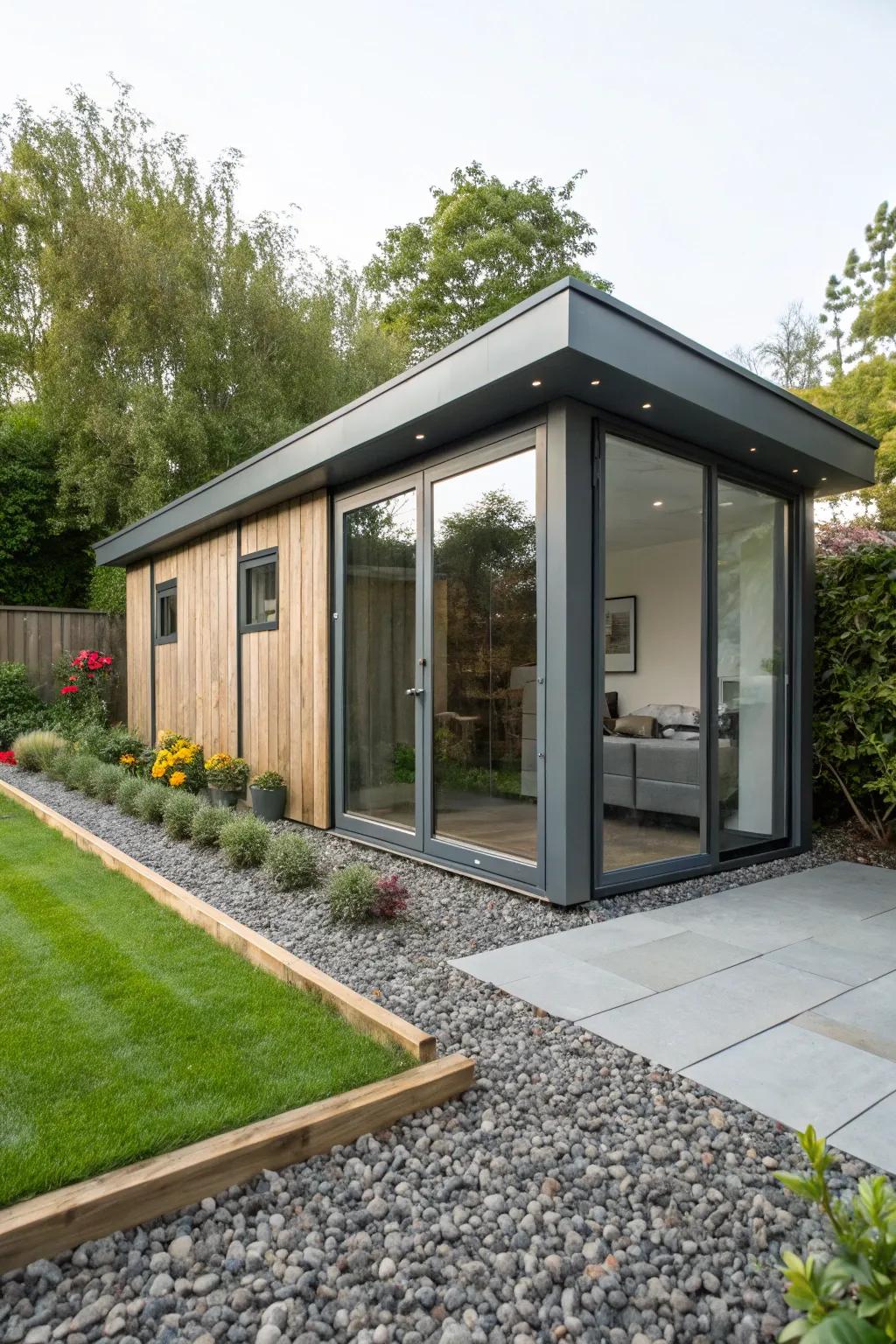 Frame your garden studio through sleek stone fragments for a contemporary nuance.