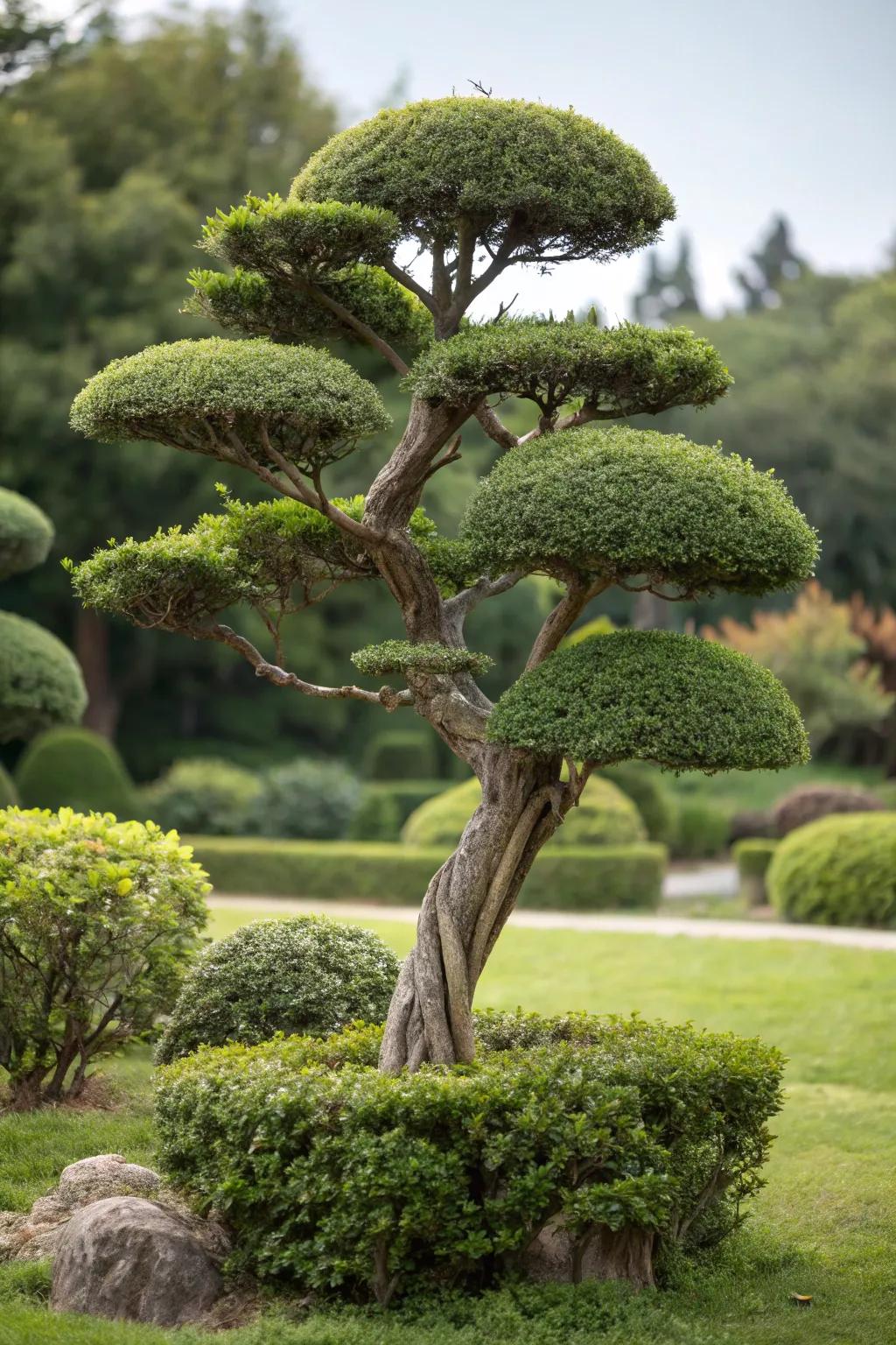 A garden tree sculptured into a distinctive, artistic form.