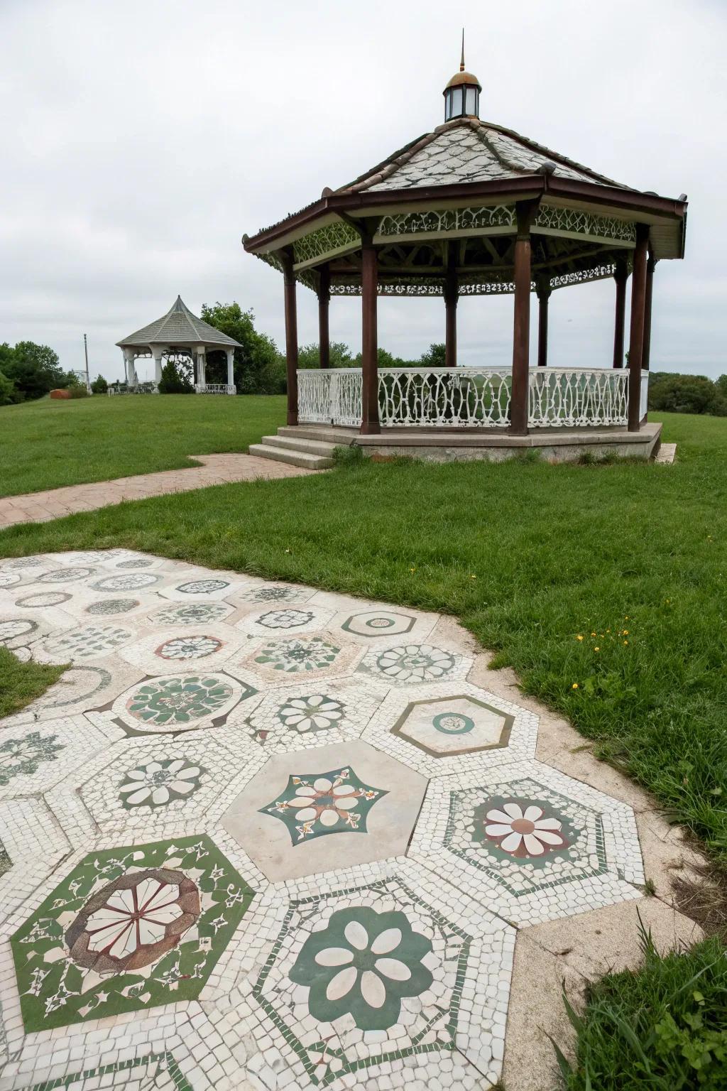 Hexagonal tiles offer a geometric twist and artistic flair to outdoor floors.