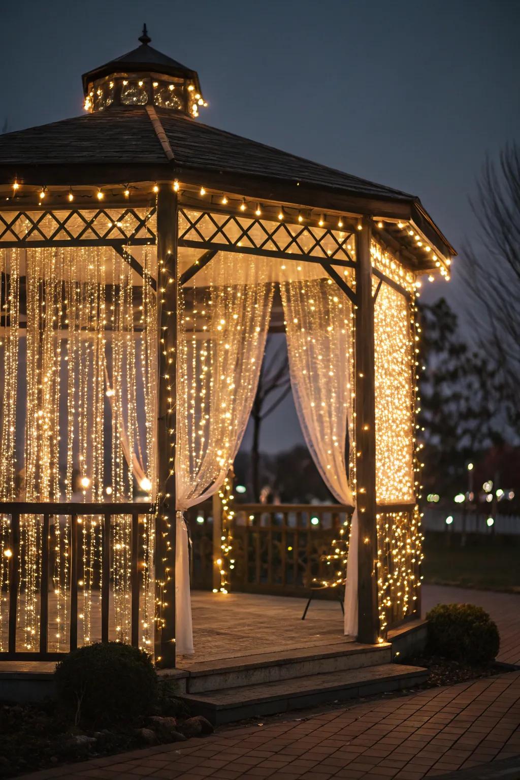 A cascade of lights provides a dramatic and lovely backdrop.