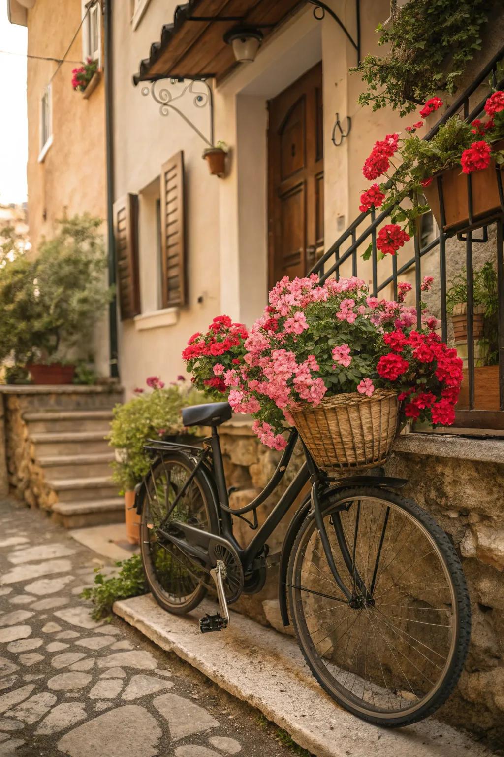 A vintage bicycle basket transformed into an enchanting sunbeam bloom planter.
