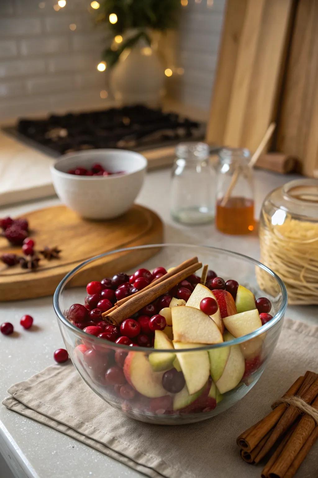 A festive fruit bowl with fresh holiday elements.