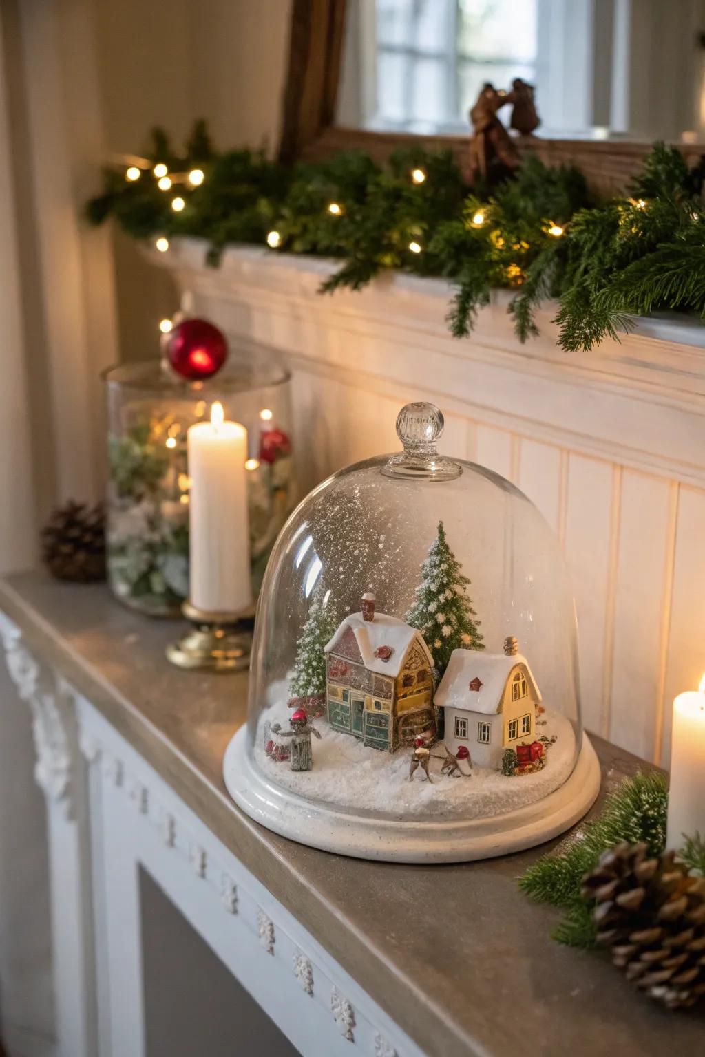 An enchanting winter vista showcasing figurines underneath a glass cover.