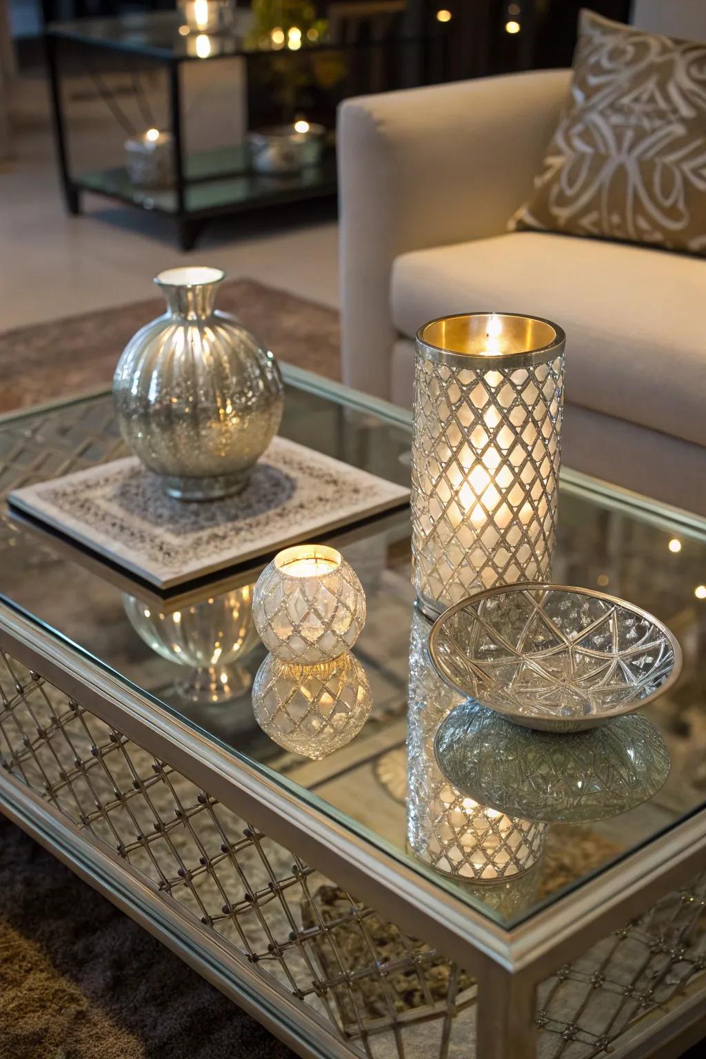Dynamic light and shadow play come from mirrored surfaces.