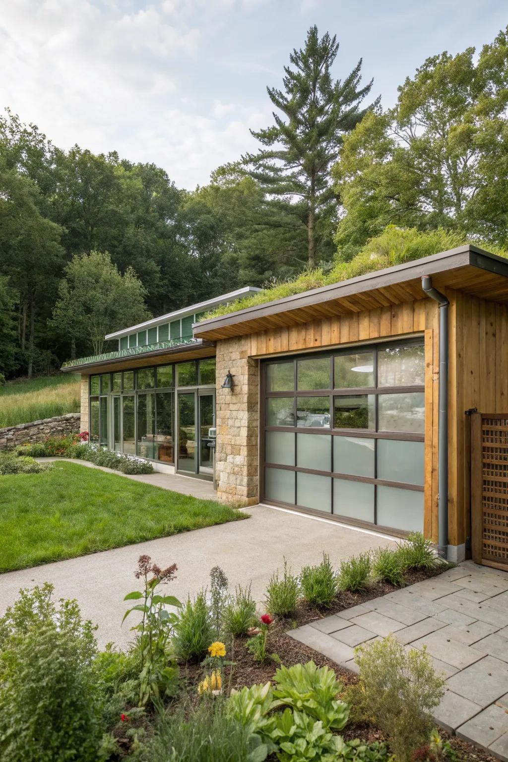 A sustainable home design featuring a glass overhead door.