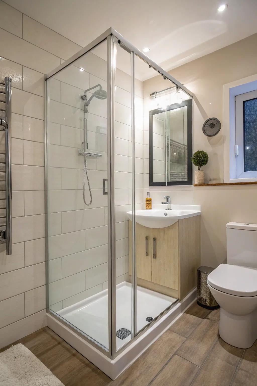 Maximize area with an angled shower setup.