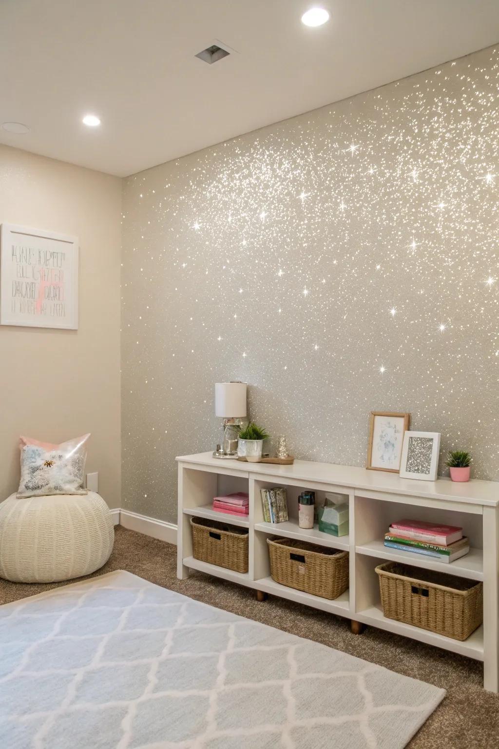 A shimmering feature wall adds a spark to a simple space.