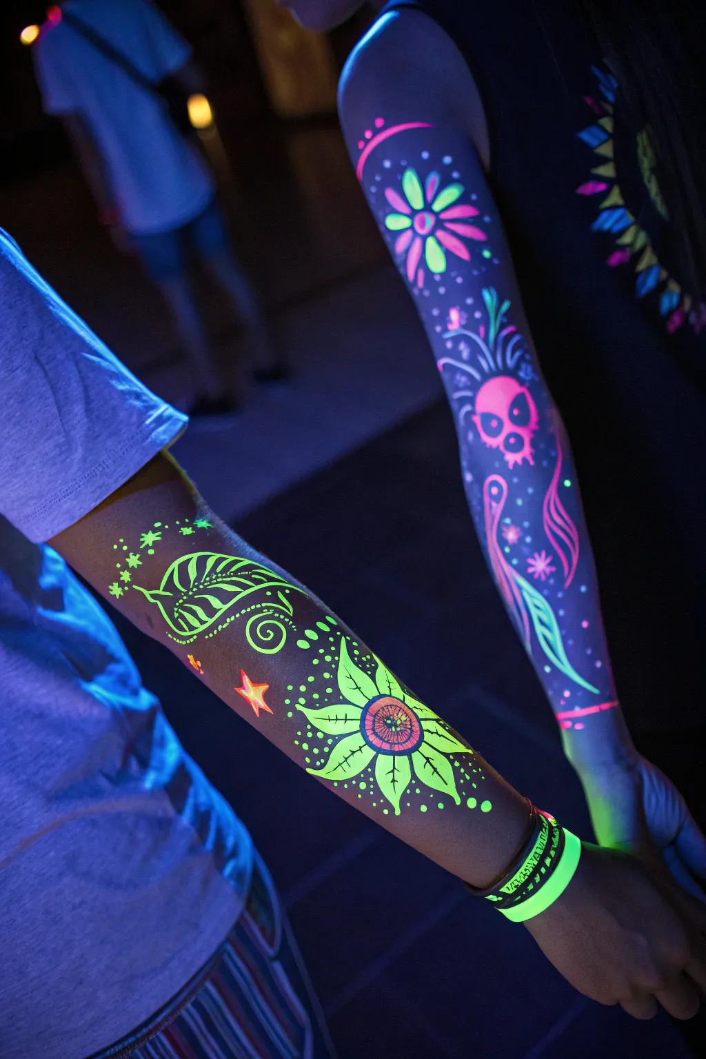 Add a playful edge with glowing UV tattoos.