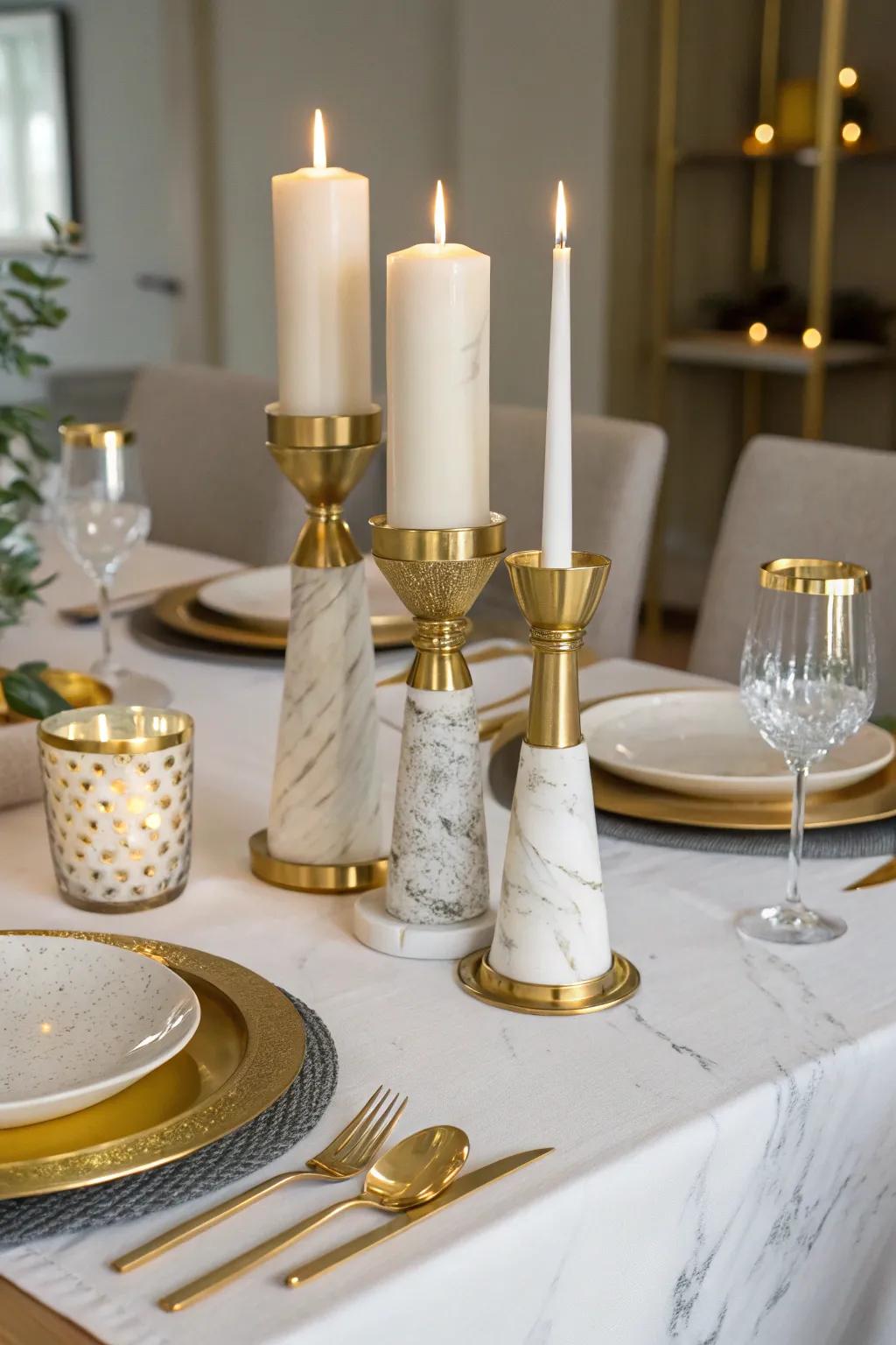 Opulent modernity exhibiting gold plus marble candle vessels.