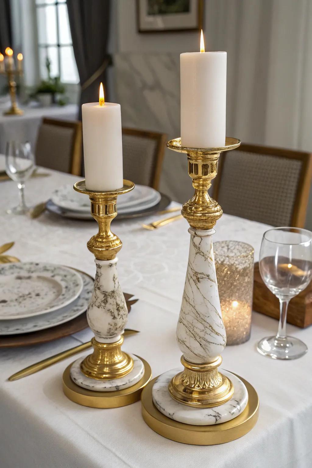 Elegant gold and marble candle holders for a luxurious touch.