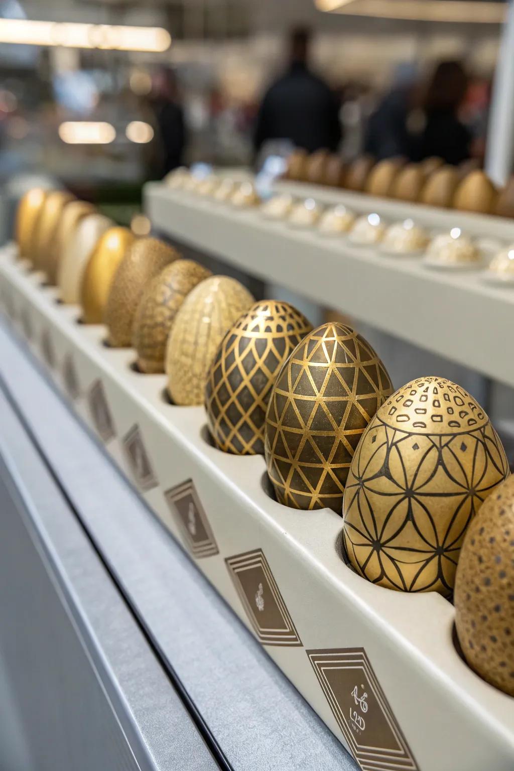 Gilded eggs with graphic patterns offer a contemporary flair.