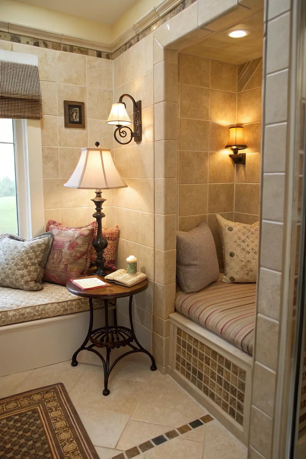 A cozy nook contributes comfort and warmth to the gothic bathroom.