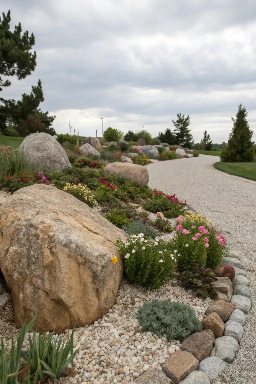 A bold stone flower garden showcasing dramatic large rocks