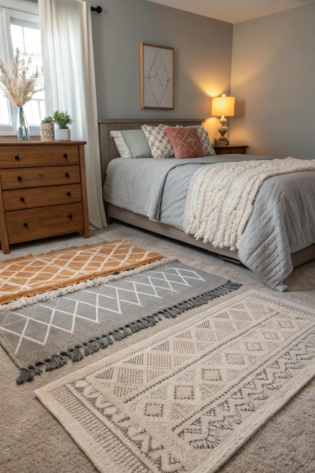 Arranged rugs provide both comfort and design to a gray bedroom.