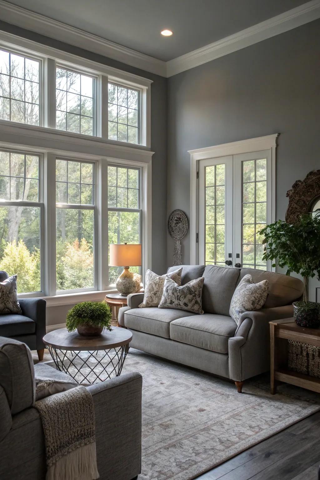 Sunlight enhances the spaciousness of a gray living room.