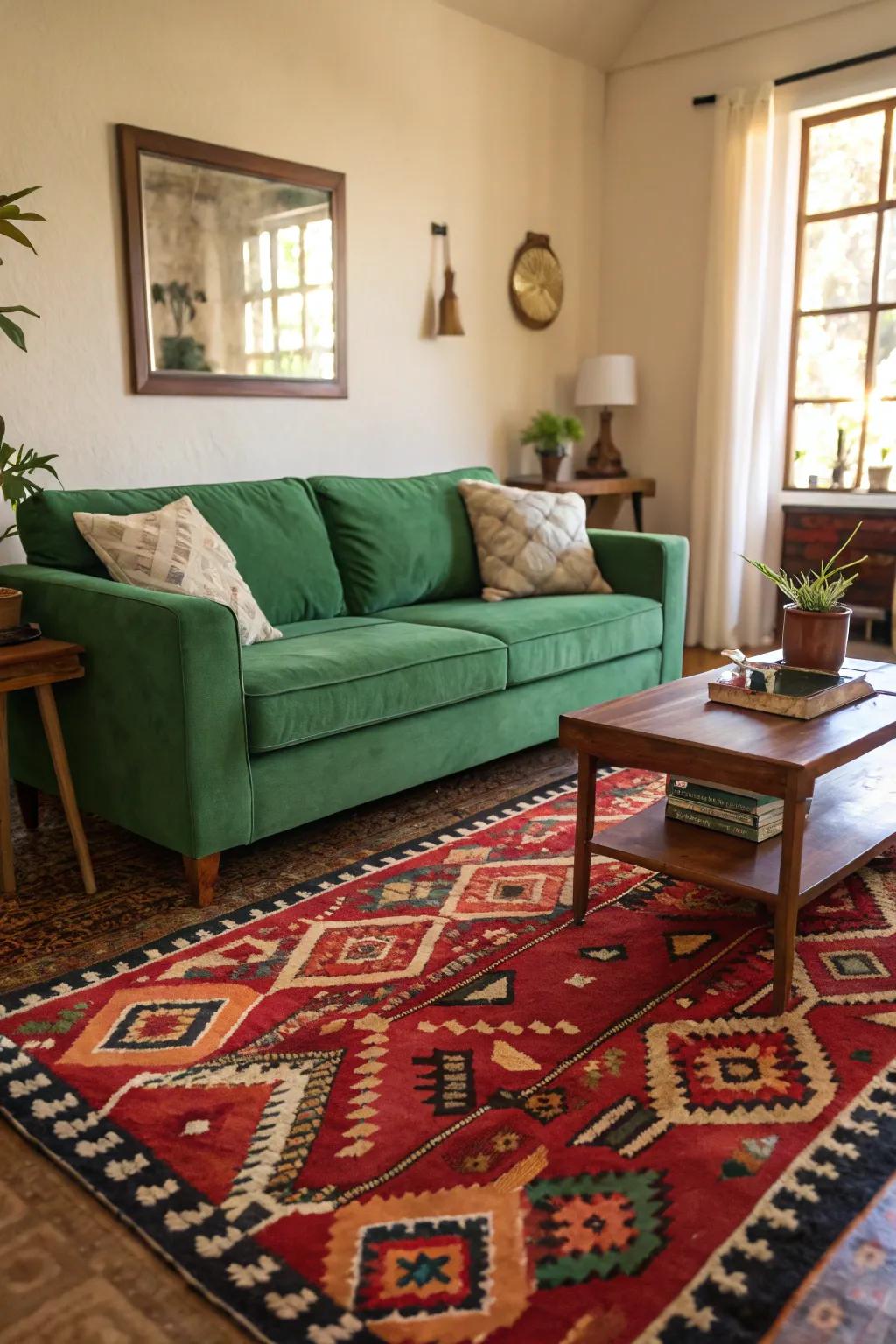 A showpiece floor covering can beautifully anchor a verdant couch, enhancing the room's cohesiveness.
