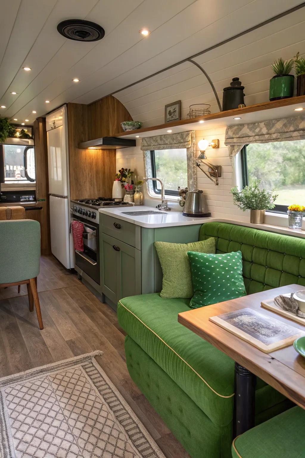 Green textiles add a cohesive element to the kitchen theme.