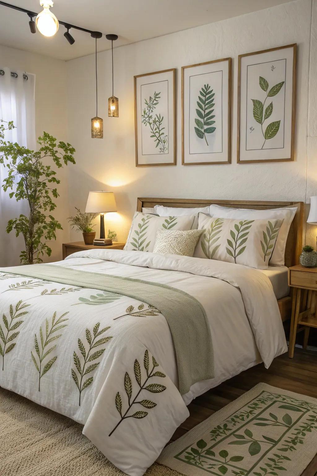 Botanical decorations in the bedroom craft a peaceful sanctuary.