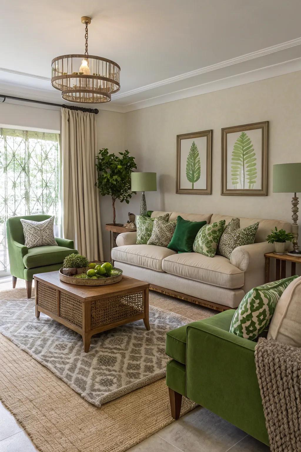Green and neutrals offer a sophisticated, timeless balance.