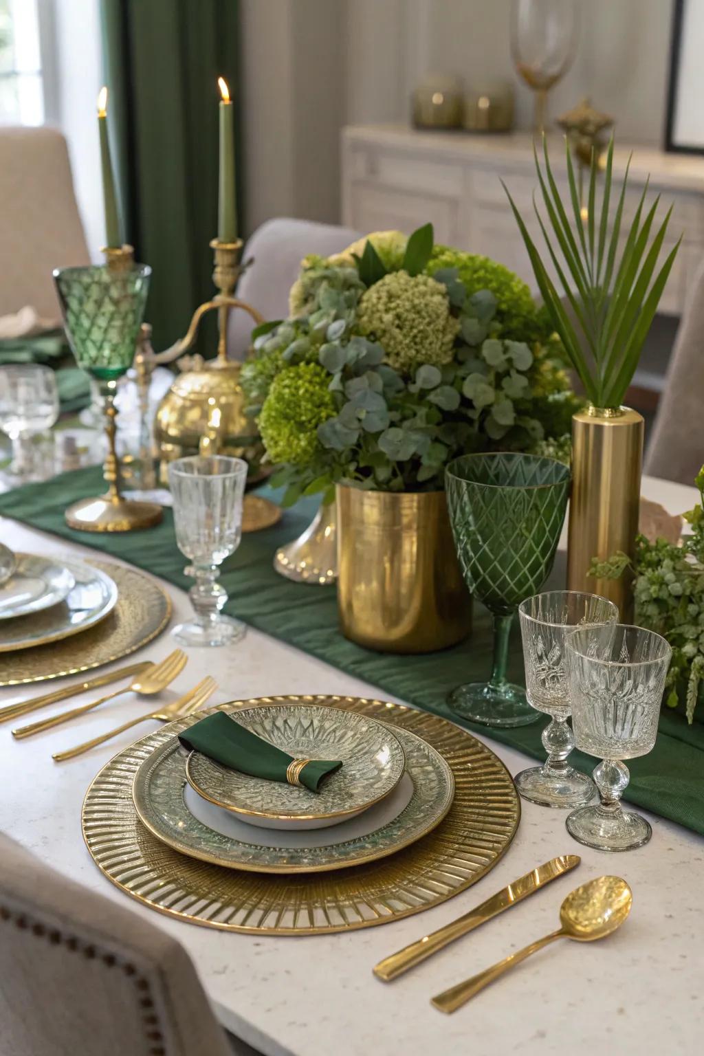 Metallic embellishments highlighting the green theme.