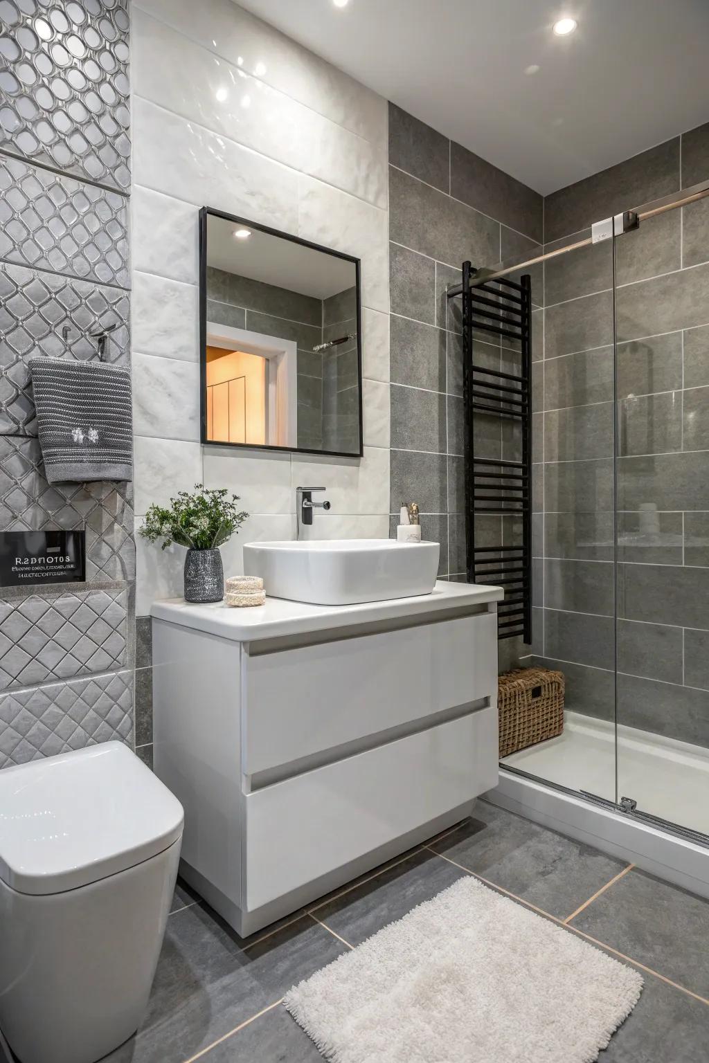 Contrasting textures bring depth and sophistication to the bathroom.