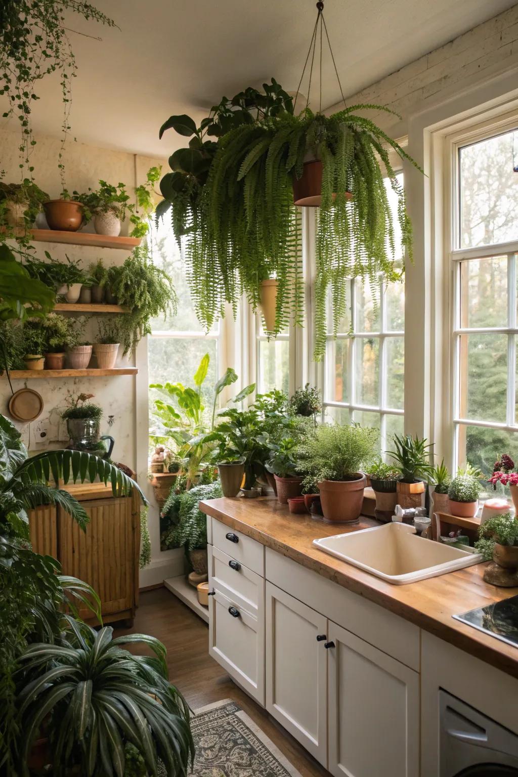 Greenery adding freshness to a grey and white kitchen