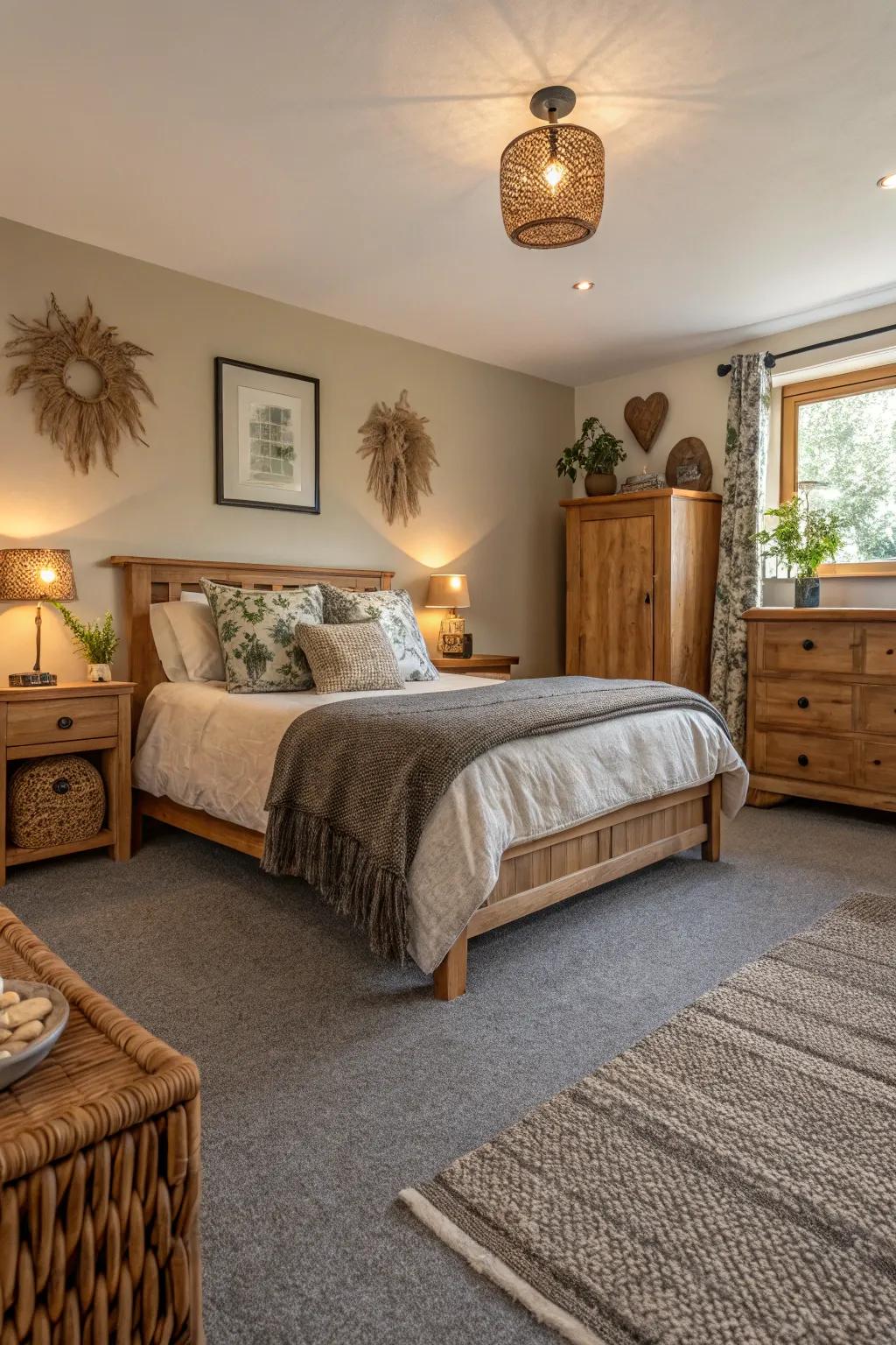 Earthy colors complement the ash-toned floor covering, creating a balanced and soothing atmosphere.