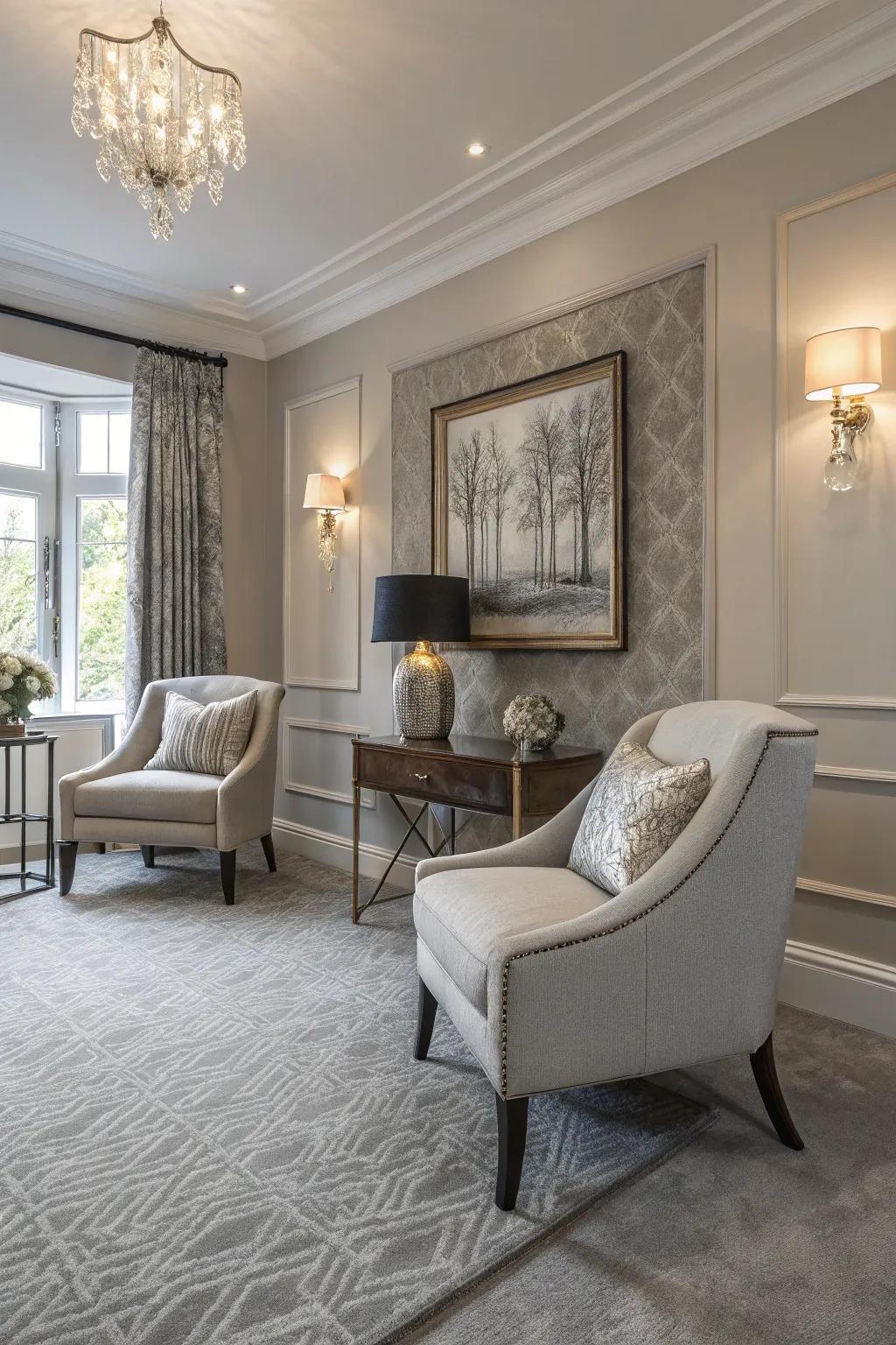 Stone grey walls provide a versatile, neutral backdrop alongside grey carpets.