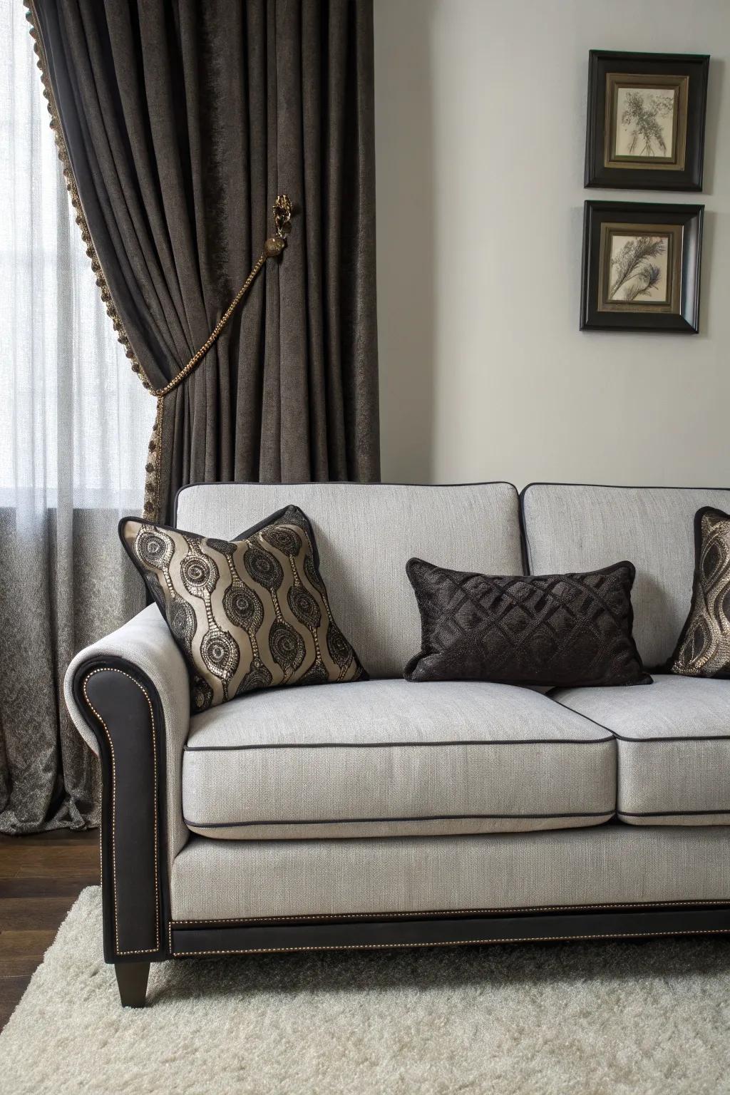 Dark details provide a striking contrast to a gray sofa.