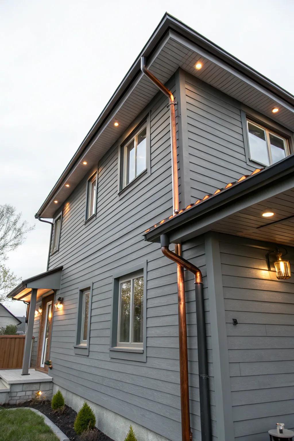 Copper highlights add warmth and luxury to grey exteriors.