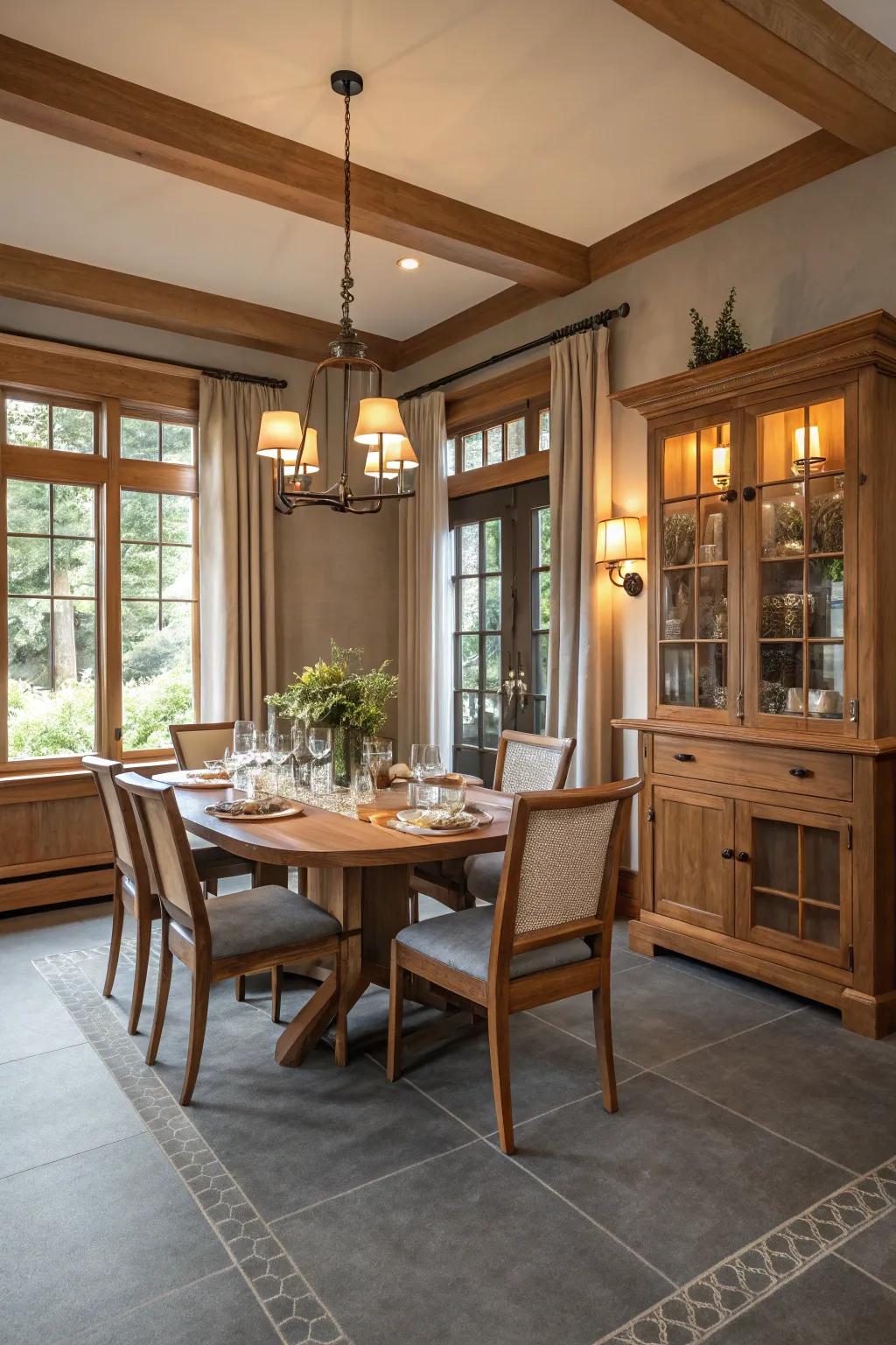 Grey flooring paired with natural wood creates a harmonious dining space.
