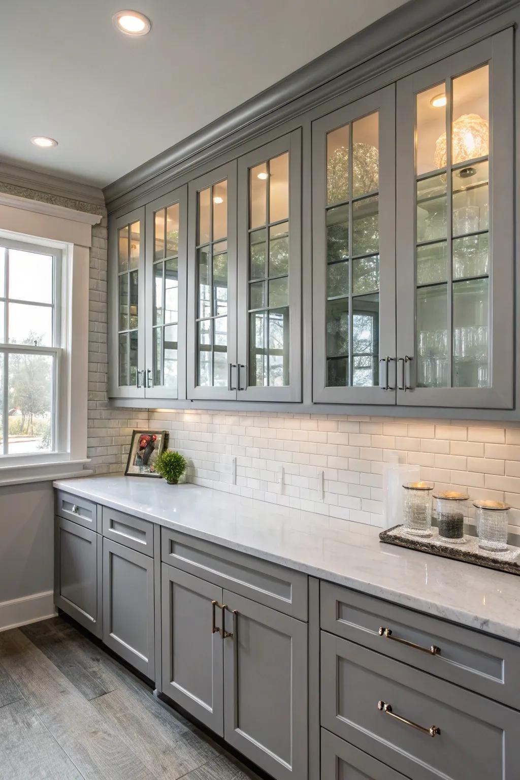 Glass features introduce sophistication and openness to a grey kitchen.